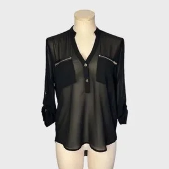 Agaci Sheer Zip Pocket Roll Tab Sleeve Blouse - Picture 6 of 6